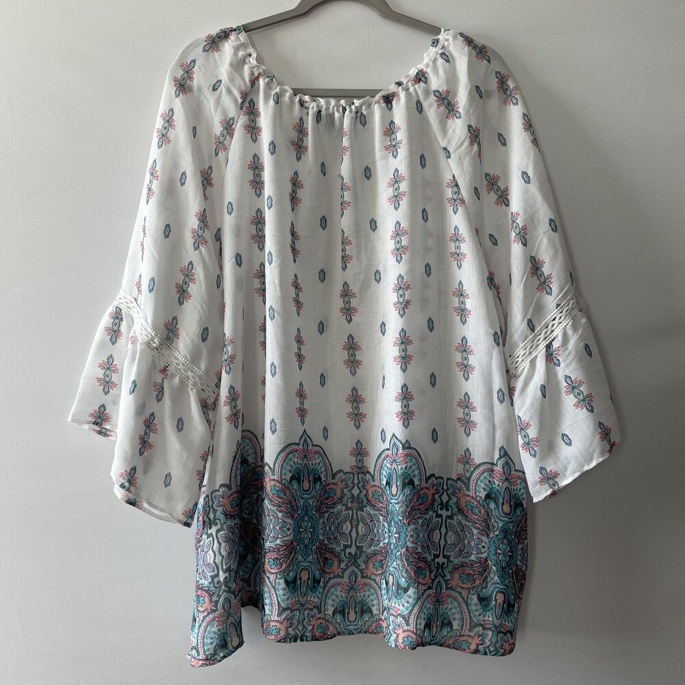 Zac & Rachel Woman Peasant Blouse Bell Sleeve Paisley White Size 2X - Picture 2 of 8